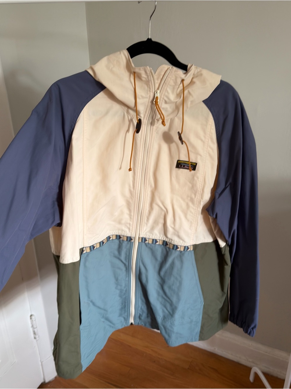 LL Bean Colorblock Anorak Full zip Windbreaker Jacket - Cream & Blue